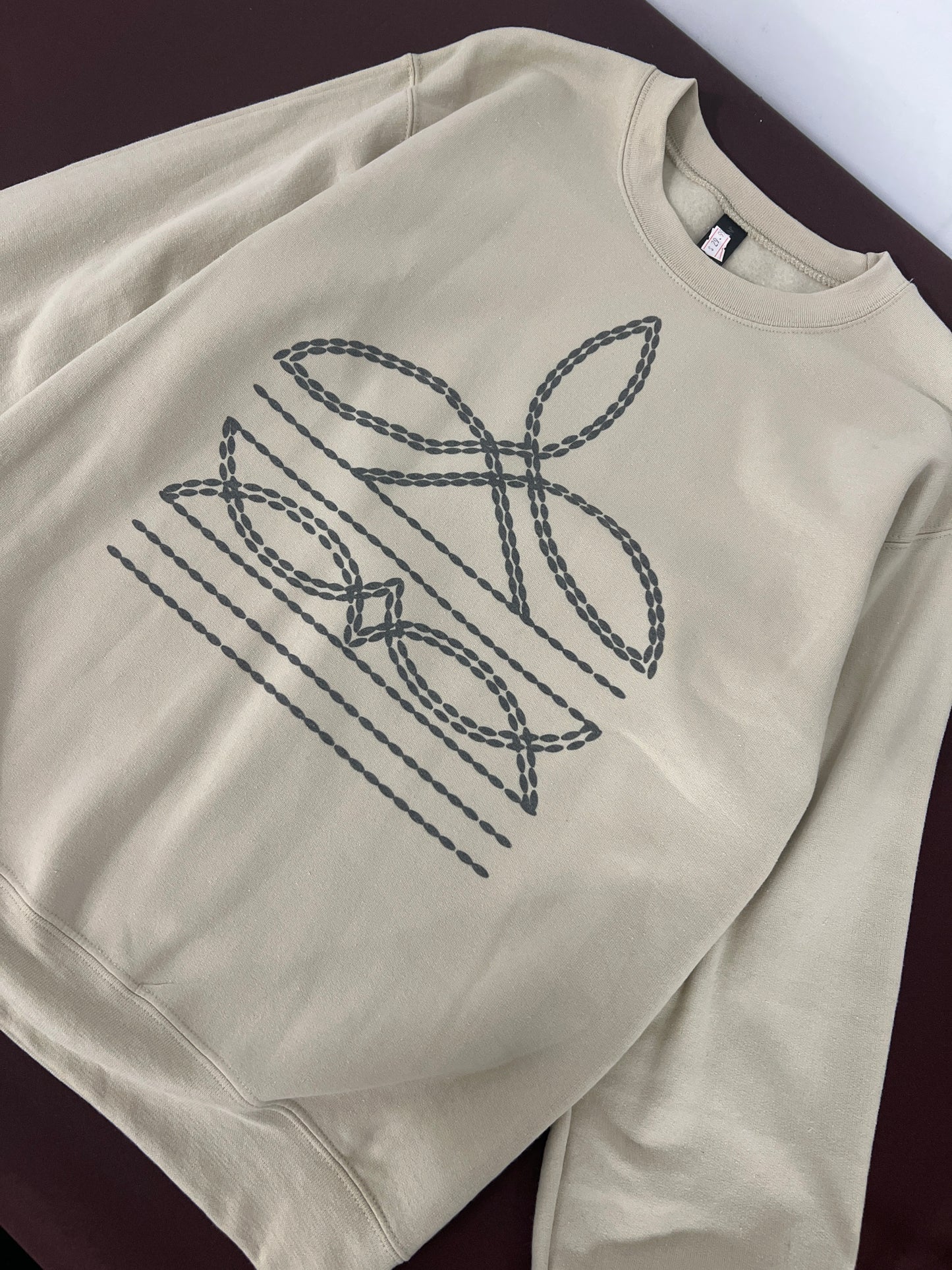 Ladies Boot Stitch Tan Crewneck Sweater