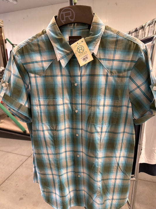 Roper: Ladies Blue/Green Plaid Snap button up shirt