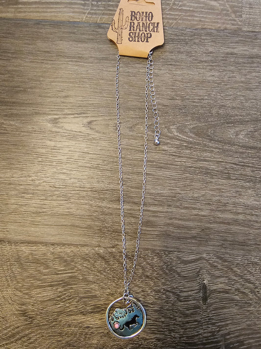 Western Horse Scenery Pendant 18" Necklace- Pink Stone
