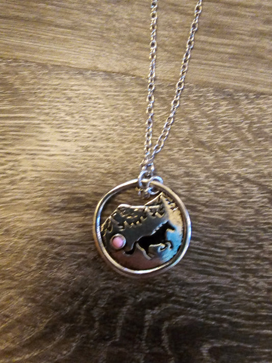 Western Horse Scenery Pendant 18" Necklace- Pink Stone