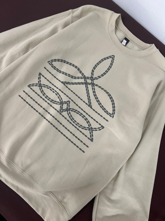 Ladies Boot Stitch Tan Crewneck Sweater