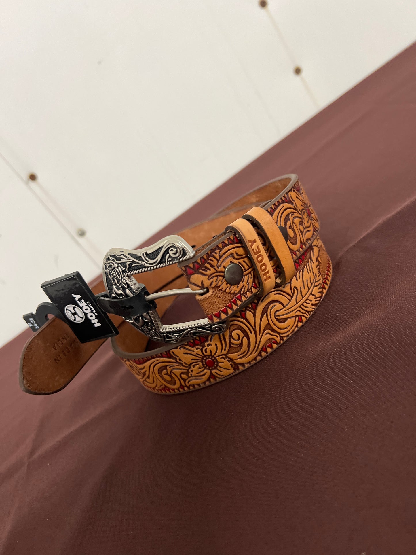 Hooey: Brown&Red “Flora” belt with Silver Square Buckle