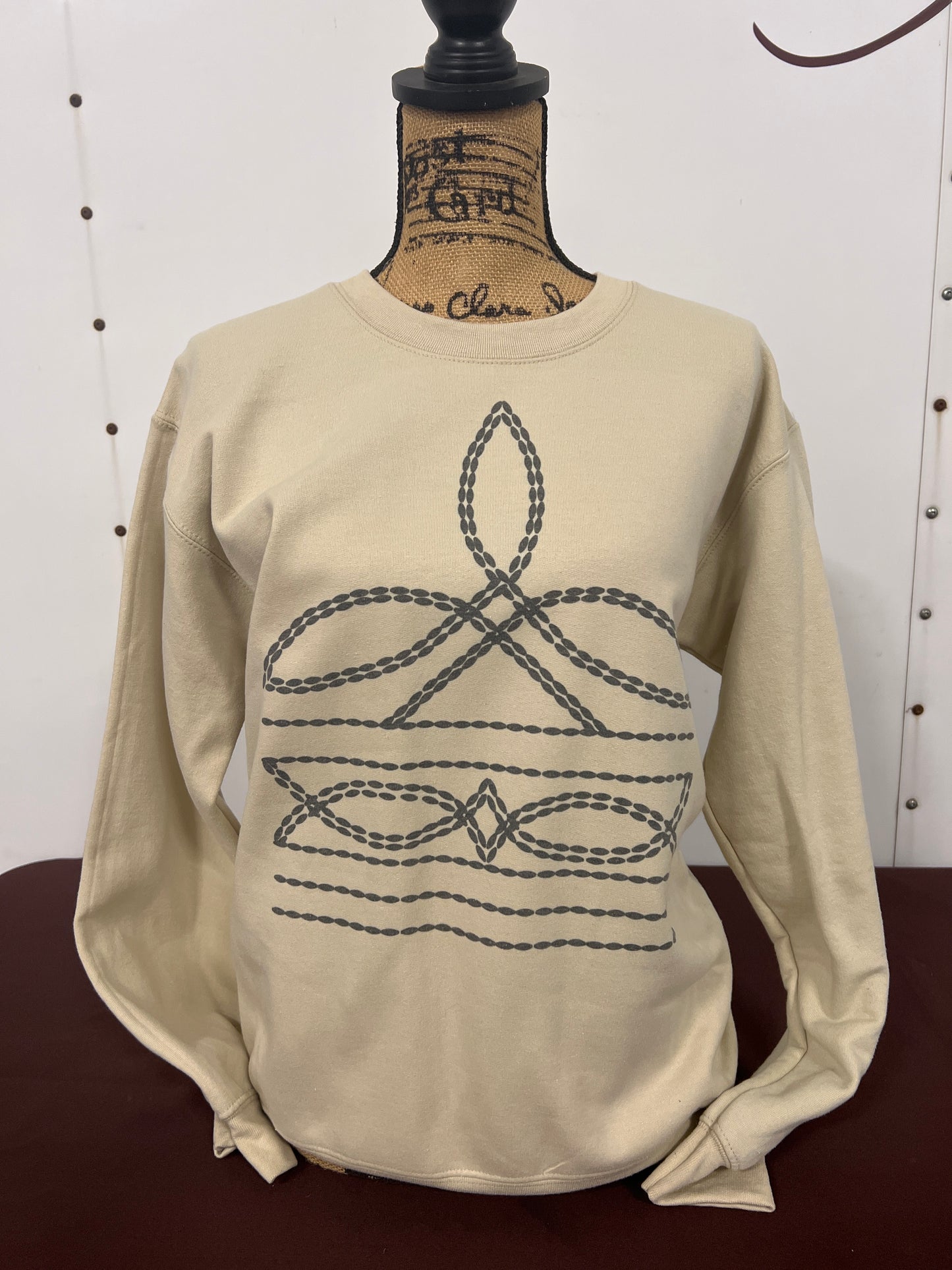 Ladies Boot Stitch Tan Crewneck Sweater