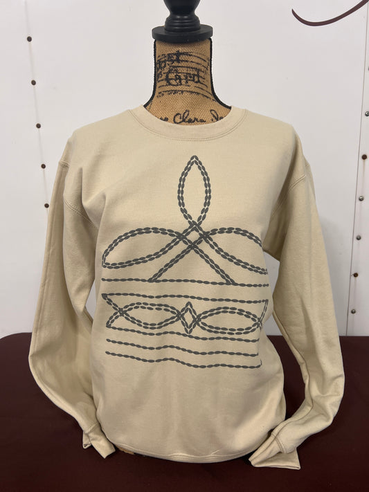 Ladies Boot Stitch Tan Crewneck Sweater