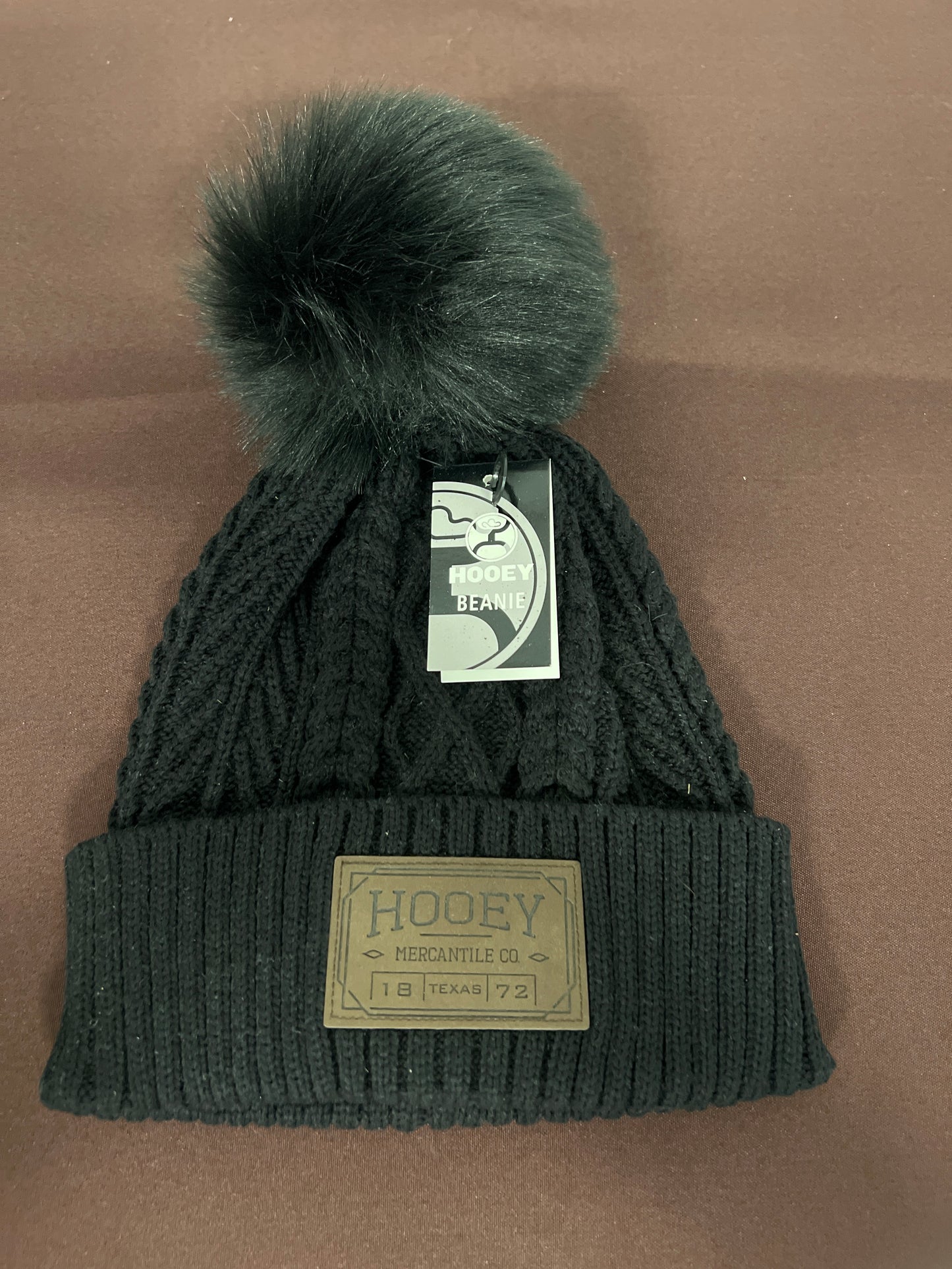 Hooey: Blk Beanie with Pom and Brown patch