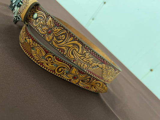 Hooey: Brown&Red “Flora” belt with Silver Square Buckle