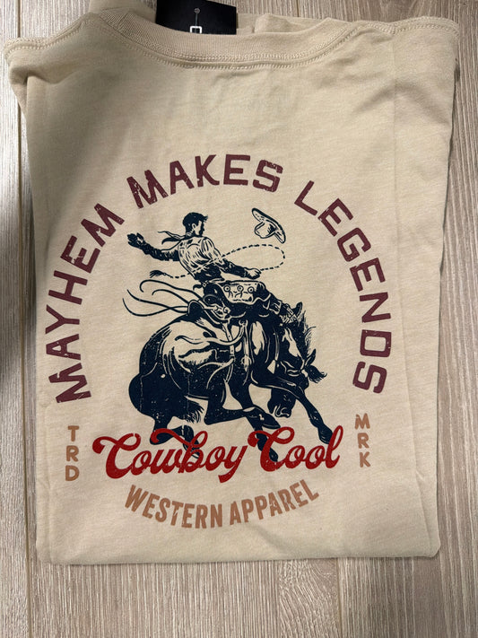 Cowboy Cool: Men’s Mayhem & Legends Tan T shirt